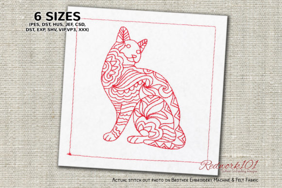 Mandala Patterned Cat Redwork
